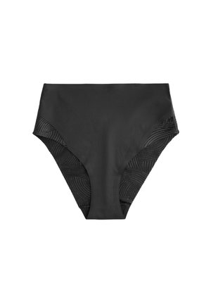 Sorte høj-til livet bikini bund med ensfarvet stof foran og teksturerede meshpaneler i siderne med et bølgemønster.