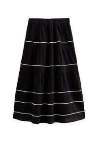 Musta kerroksellinen hame, valmistettu puuvillasta, jossa on vuorotellen teksturoituja paneeleja ja valkoisia sahalaitapistoja vaakasuorissa viivoissa.