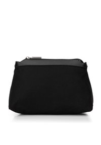 Schwarze Stofftasche mit glatter Textur, Reißverschluss und einem kontrastierenden Lederbesatz entlang der oberen Kante. Einfaches, rechteckiges Design.