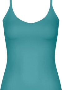 Turkusowa regulowana bluzka na ramiączkach wykonana z gładkiego, elastycznego materiału, z dekoltem w kształcie litery V, cienkimi ramiączkami oraz bez widocznych elementów metalowych czy ozdobnych.