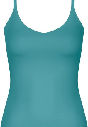 Teal adjustable camisole top with a smooth, stretchy fabric and a V-neckline, featuring thin straps and no visible hardware or embellishments.