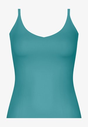 Teal-farbenes, verstellbares Top aus einem glatten, dehnbaren Stoff mit V-Ausschnitt, dünnen Trägern und ohne sichtbare Beschläge oder Verzierungen.