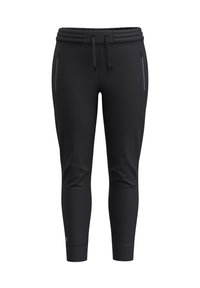 Pantalones deportivos negros con cinturilla acanalada y cordón ajustable. Cuenta con dos bolsillos laterales con cremallera. Tela suave con un ajuste ceñido.