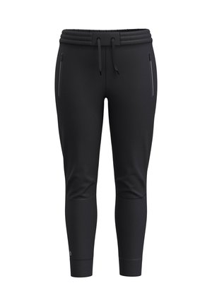 Černé sportovní kalhoty s žebrovaným pasem a nastavitelným šňůrkovým stahováním. Obsahují dvě boční kapsy na zip. Hladká tkanina s těsným střihem.