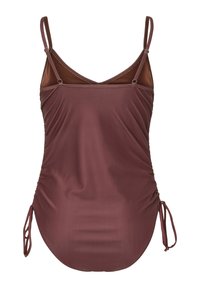 Καφέ ολόσωμο μαγιό με ρυθμιζόμενους ιμάντες ώμου και πλευρικές ρυτίδες δεμένες με μικρά φιογκάκια.