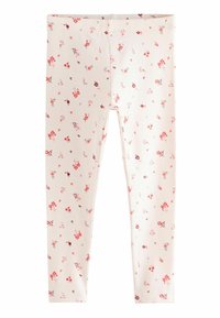 Kukallinen leggingsit pehmeästä ja joustavasta kankaasta. Vaaleanpunainen tausta, jossa on toistuva kuvio pienistä punaisista ja violetista kukista. Ei taskuja.