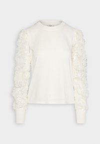 Sweat-shirt blanc à manches longues avec des détails en tissu froncé sur les manches, un col rond et des poignets côtelés, offrant une texture douce et lisse.