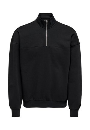 Black, long-sleeve pullover sweatshirt with a high collar, half zipper, and ribbed cuffs and hem; made from soft, textured fabric.