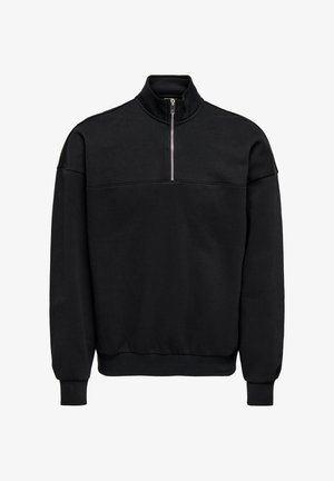 Black, long-sleeve pullover sweatshirt with a high collar, half zipper, and ribbed cuffs and hem; made from soft, textured fabric.