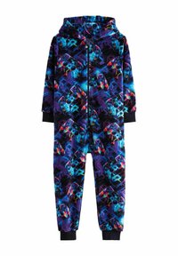 Fleece overall met een capuchon, voorzien van een opvallend blauw en paars ontwerp van gamecontrollers en geometrische vormen. Zwarte manchetten en rits.