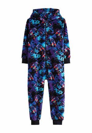 Fleece-Overall mit Kapuze, ausgestattet mit einem lebhaften blau-lila Design von Gaming-Controllern und geometrischen Formen. Schwarze Bündchen und Reißverschluss.