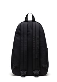 Black backpack with a padded back, three adjustable straps, smooth texture, and minimalistic design. Includes side pockets and subtle hardware accents.