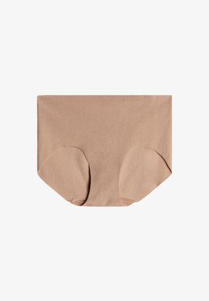 Beige high-waisted underwear made from soft, stretchy cotton. Features a seamless design with curved leg openings and no visible hardware.