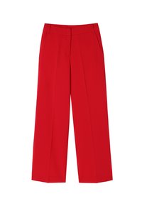 Pantaloni a gamba larga rossi con una texture liscia, dotati di pieghe frontali e due tasche laterali. Il design include una vita classica con passanti per la cintura.
