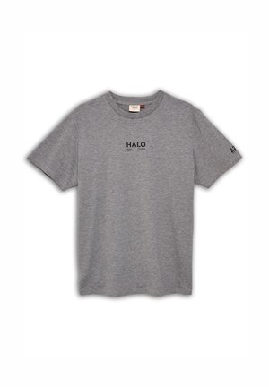 Grijze katoenen t-shirt met een ronde hals, korte mouwen, en een zwart "HALO" logo gedrukt op de borst en "22" op de mouw.