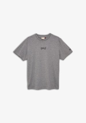 Grijze katoenen t-shirt met een ronde hals, korte mouwen, en een zwart "HALO" logo gedrukt op de borst en "22" op de mouw.