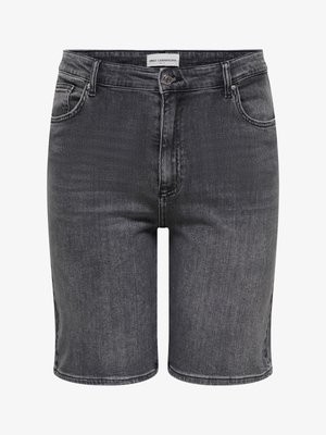 Pantalones cortos de mezclilla gris oscuro hasta la rodilla con botón frontal, trabillas para cinturón y bolsillos delanteros y traseros, etiquetados como "Only Carmakoma".