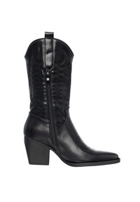 Botas de vaquero de cuero negro con punta afilada, cremallera lateral y costuras texturizadas en el tubo. Presenta un tacón cuadrado.