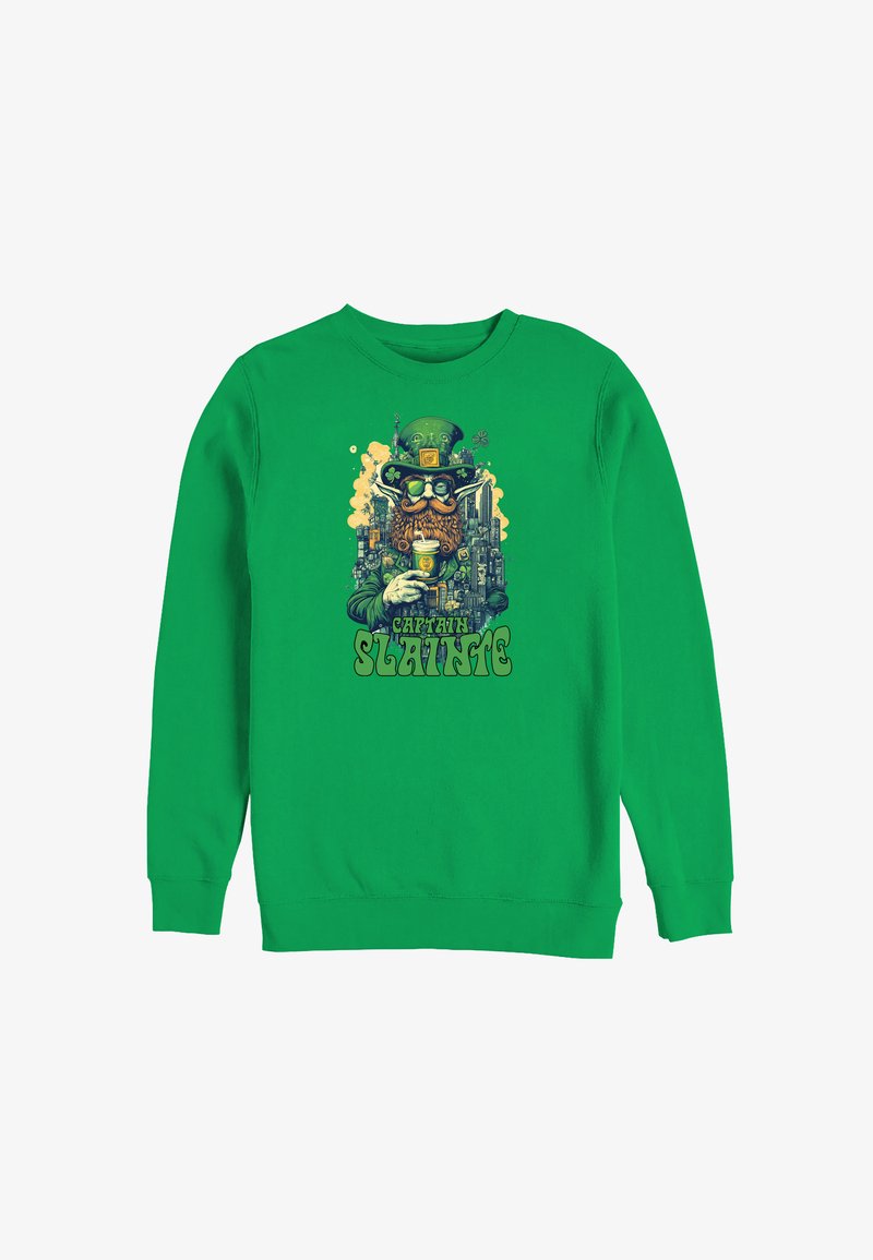 Zielona bluza z kolorową grafiką brodatego skrzata w okularach i kapeluszu, trzymającego piwo, z napisem "Captain Sláinte" poniżej.
