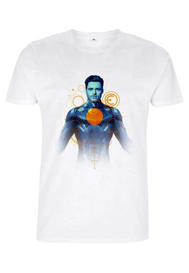 Vit bomulls t-shirt med ett grafiskt tryck av en figur i en blå kostym med en gul cirkel i mitten, omgiven av cirkulära mönster.