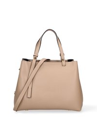 Borsa a mano in pelle beige con manici superiori e una tracolla rimovibile, caratterizzata da una superficie testurizzata e dettagli in metallo dorato.