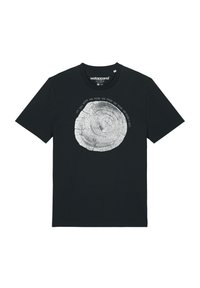 Schwarzes Baumwoll-T-Shirt mit einem kreisförmigen Baumring-Motiv in Weiß, umgeben von dem Text "Das Leben dreht sich rund und rund." Kurzärmlig, mit Rundhalsausschnitt.