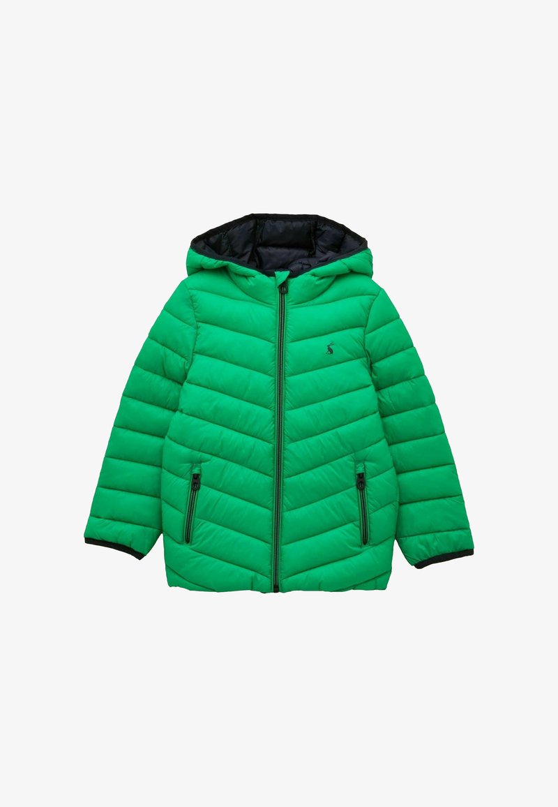 Veste matelassée verte à capuche avec fermeture éclair frontale complète, deux poches latérales zippées et doublure intérieure noire.