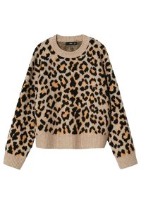 Pull imprimé léopard avec un fond beige, présentant des taches noires et marron, col et ourlet inférieur côtelés, texture tricotée douce.