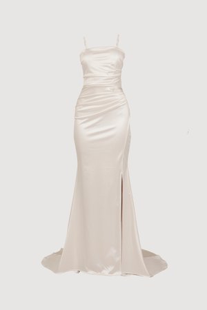 Satin maxi dress in light beige with thin straps, ruched detailing on the bodice, and a side slit, featuring a floor-length design.