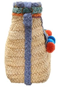 Woven straw bag with blue braided fabric, colorful pom-poms, and decorative stitching. Rounded shape with a flat base, lightweight design.