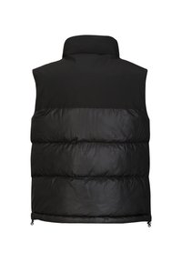 Schwarze gepolsterte Weste mit hohem Kragen, gestepptem unteren Abschnitt, glattem oberen Material und verstellbarem Saum mit Zugkordeln.