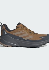 Brown hiking shoe with a textured fabric upper, grey accents, and a rugged sole. Features include a cushioned heel and waterproof Gore-Tex lining.