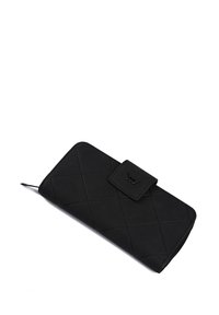 Black wallet made of textured material with a quilted pattern. Features a snap closure and a zippered edge. Compact and rectangular design.