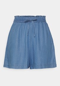 Světle modré denimové šortky s elastickým pasem a šňůrkou, nabízející volný střih a jemnou texturu po celém povrchu.