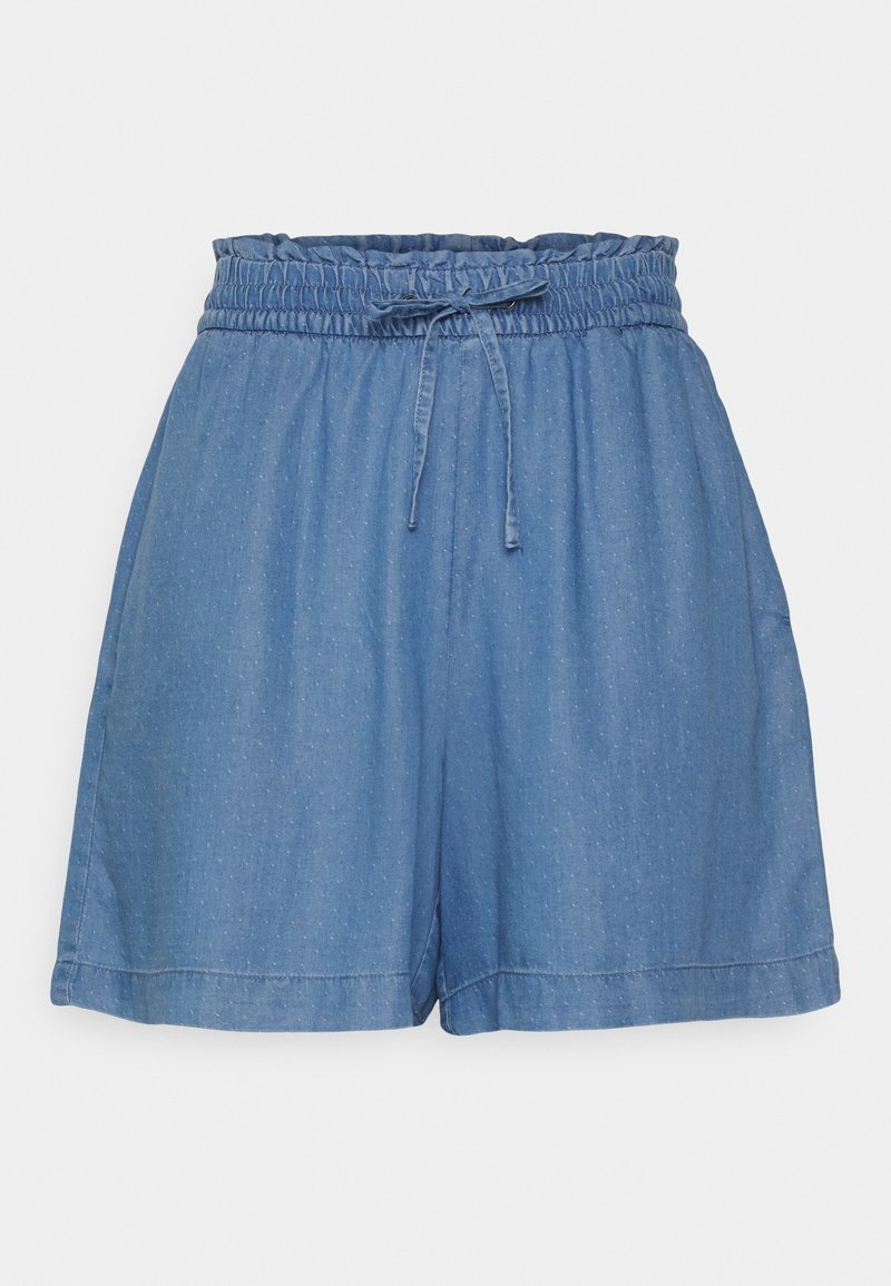 Světle modré denimové šortky s elastickým pasem a šňůrkou, nabízející volný střih a jemnou texturu po celém povrchu.