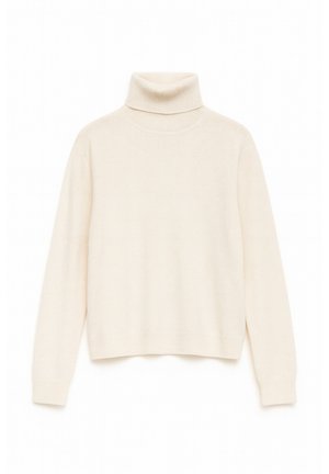 Sweter w kolorze kremowym z golfem, miękka tekstura, luźny krój, ściągacze na rękawach i u dołu, prosty design bez widocznych wzorów czy akcentów.