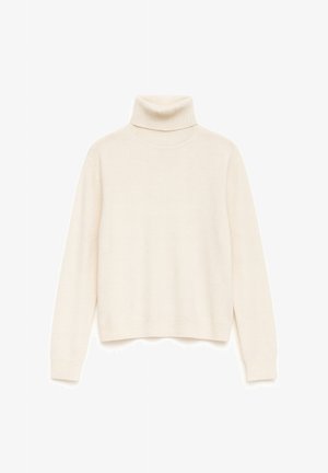 Sweter w kolorze kremowym z golfem, miękka tekstura, luźny krój, ściągacze na rękawach i u dołu, prosty design bez widocznych wzorów czy akcentów.