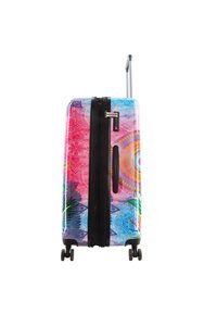 Hard-shell suitcase with vibrant pink, blue, and yellow patterns, featuring a black zipper, retractable handle, and four wheels for mobility.