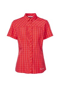 Camicetta rossa a maniche corte con un motivo a quadri, caratterizzata da una chiusura con bottoni e un colletto. Realizzata in tessuto leggero con una texture morbida.