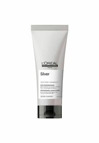 L'Oréal Professional conditioner in een witte tube van 200 ml met een zwarte pompdeksel, gelabeld "Silver," ontworpen om grijs en wit haar te neutraliseren.