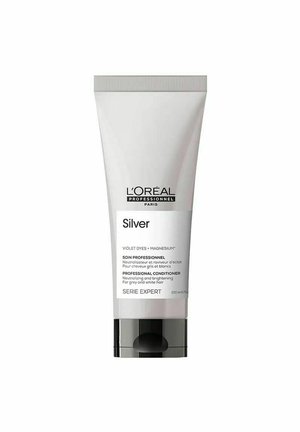 L'Oréal Professional balsam i en 200 ml hvid tube med en sort pumpehætte, mærket "Silver," designet til at neutralisere gråt og hvidt hår.