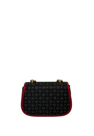 Borsa nera con motivo logo dorato, rifiniture in pelle rossa e dettagli hardware dorati. Forma strutturata con chiusura a patta.