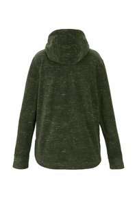 Sweat à capuche manches longues vert foncé avec une texture chinée subtile, vu de dos, avec un ourlet arrondi et une coupe décontractée.