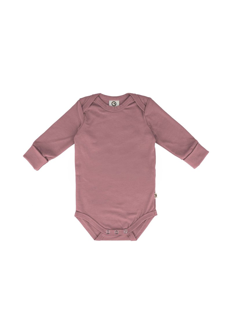 Dlouhý rukáv dětský body v měkké mauve tkanině. Má kulatý výstřih, patentky na dně a žebrované manžety. Hladká textura.