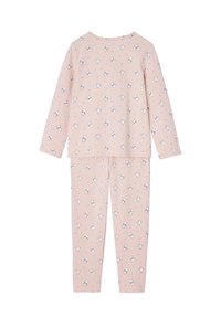 Children's pink long-sleeve pajama set with white koala faces and small orange moons and stars pattern.