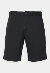 Pantaloni corti neri in cotone, con frontale piatto, chiusura a singolo bottone e tasche laterali. Tessuto liscio, design fino al ginocchio.