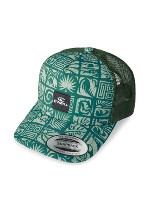 Groene snapback pet van stof met een patroon aan de voorkant, met bloemmotieven en geometrische ontwerpen. Mesh achterkant voor ademend vermogen. Merkembleem aan de voorkant.