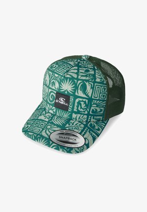 Casquette snapback verte en tissu avec un devant à motifs floraux et géométriques. Dos en mesh pour la respirabilité. Logo de la marque sur le devant.