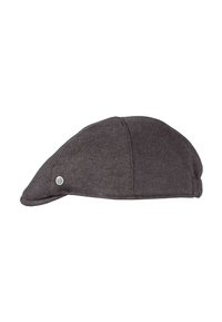 Gray fabric cap with a rounded shape, side button detail, and a smooth texture. Features a subtle stitching pattern along the seams.