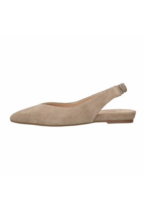 Beige suède slingback ballerina met een spitse neus, elastische achterband en minimalistisch ontwerp. Platte zool voor comfortabel dragen.